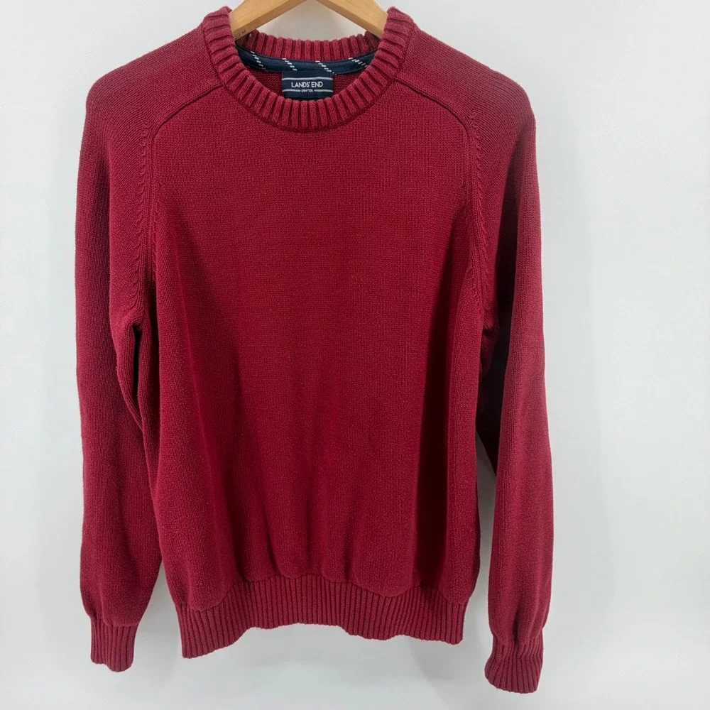 Lands End Drifter Mens Large Burgundy Red 100% Cotton Crewneck‎ Sweater L 42-44